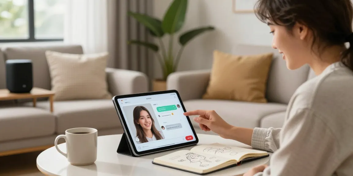 Engaging moment with an AI girlfriend on a tablet, showcasing a modern living room atmosphere.