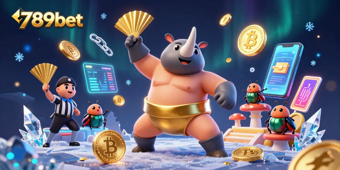 Experience exciting gameplay with 789bet, featuring dynamic 3D illustrations of a sumo champion and crypto coins.
