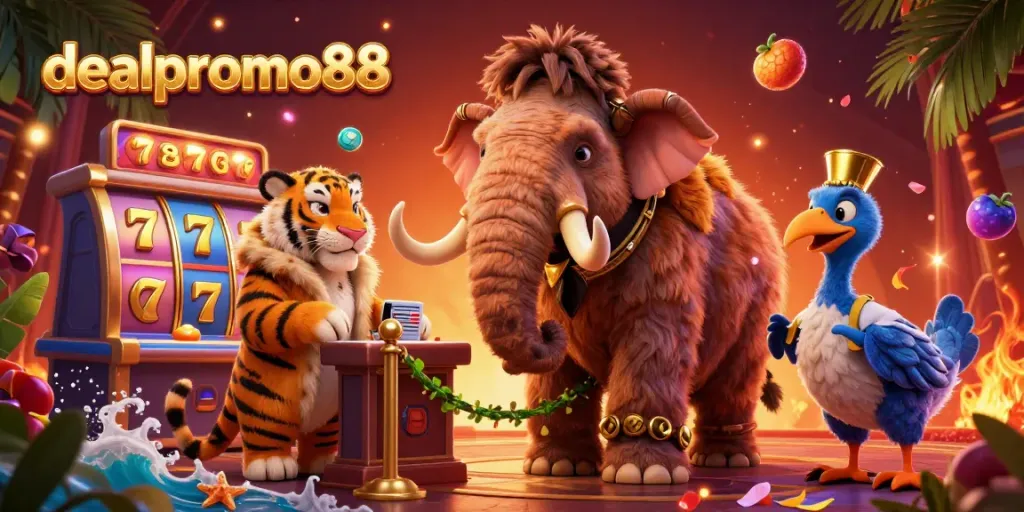 Experience the excitement of dealpromo88 with a vibrant casino scene featuring unique characters and colorful game elements.