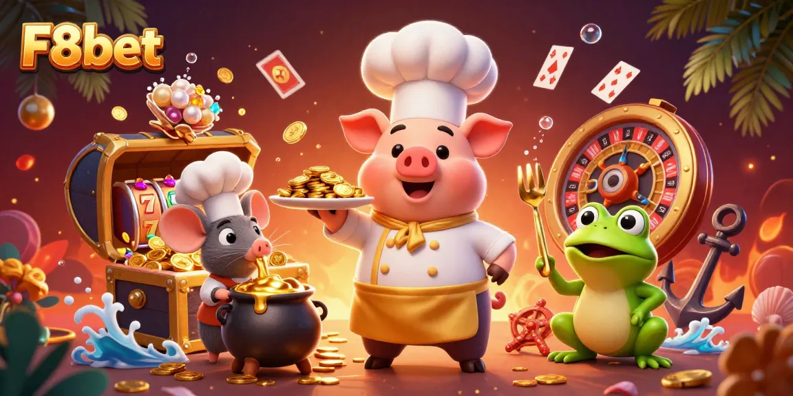 F8bet invites players to enjoy rich casino experiences with a captivating 3D scene illustrating its vibrant gaming world.