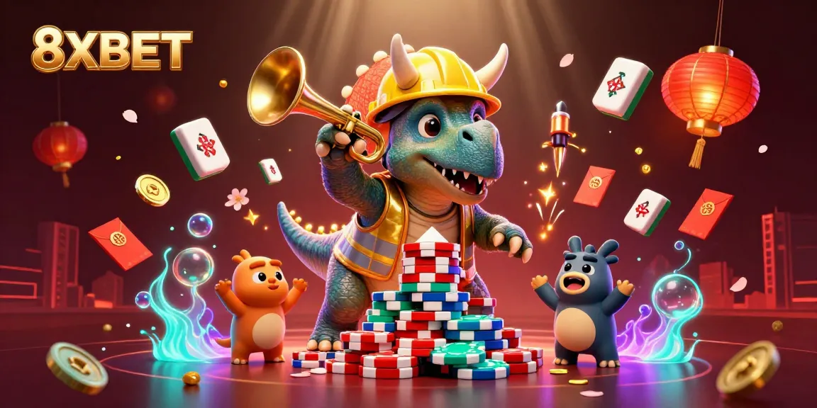 Win big with 8XBET as a triceratops builds a poker chip pyramid in celebration during a vibrant casino scene.