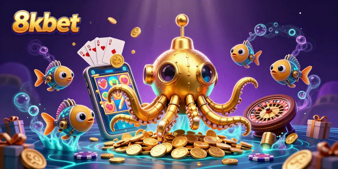 Experience the excitement of 8xbet with a vibrant 3D illustration featuring a kraken submarine and casino elements.