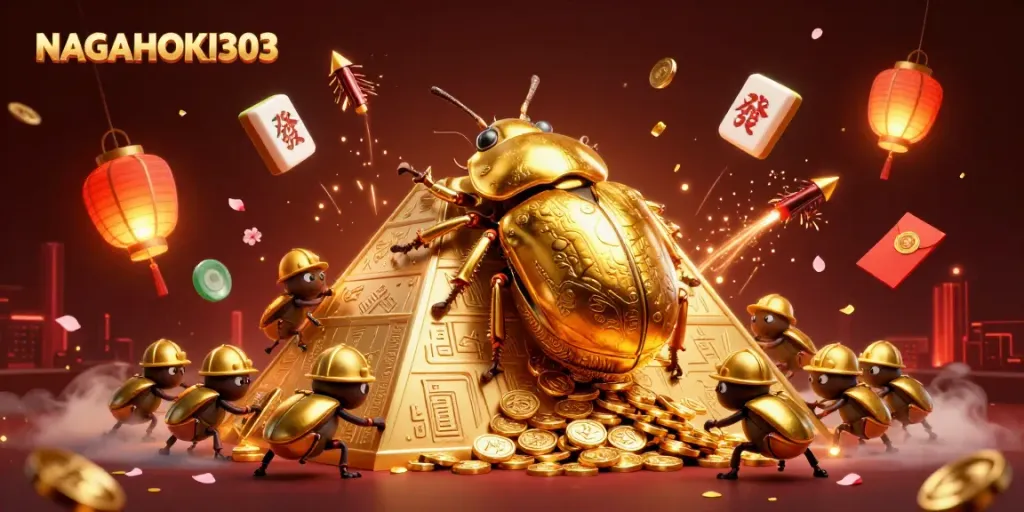 Menggulingkan koin emas dengan NAGAHOKI303, ilustrasi kasino yang meriah dan energik.