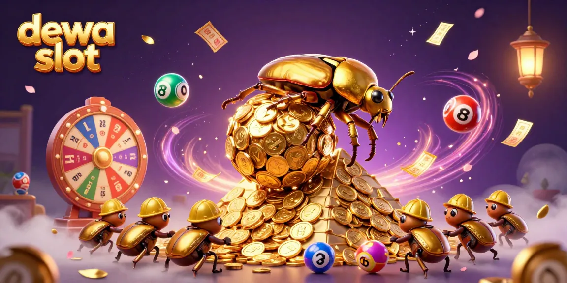 Engage with dewa slot in a vibrant 3D scene featuring golden beetles and dynamic casino elements.