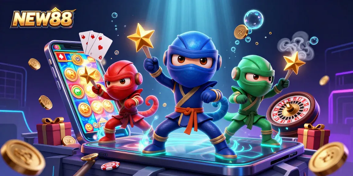 Experience thrilling gaming at NEW88 with a vibrant slot game illustration showcasing colorful elements and engaging characters.