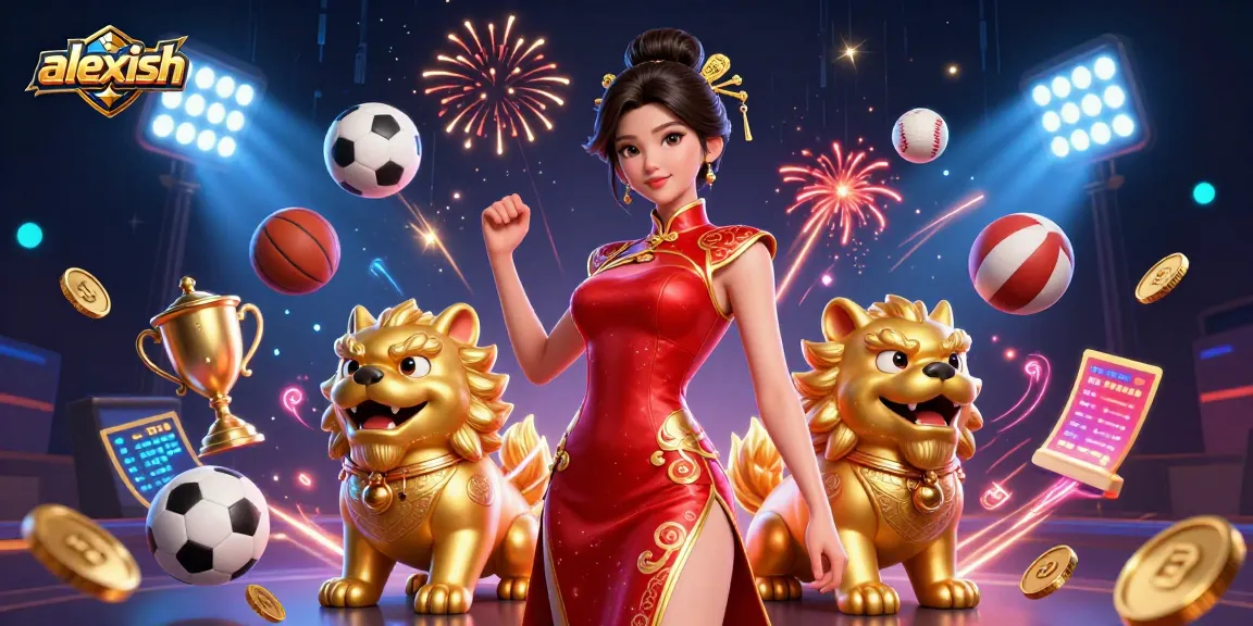 Join the excitement of alexish casino games with a glamorous Asian woman surrounded by sports elements.