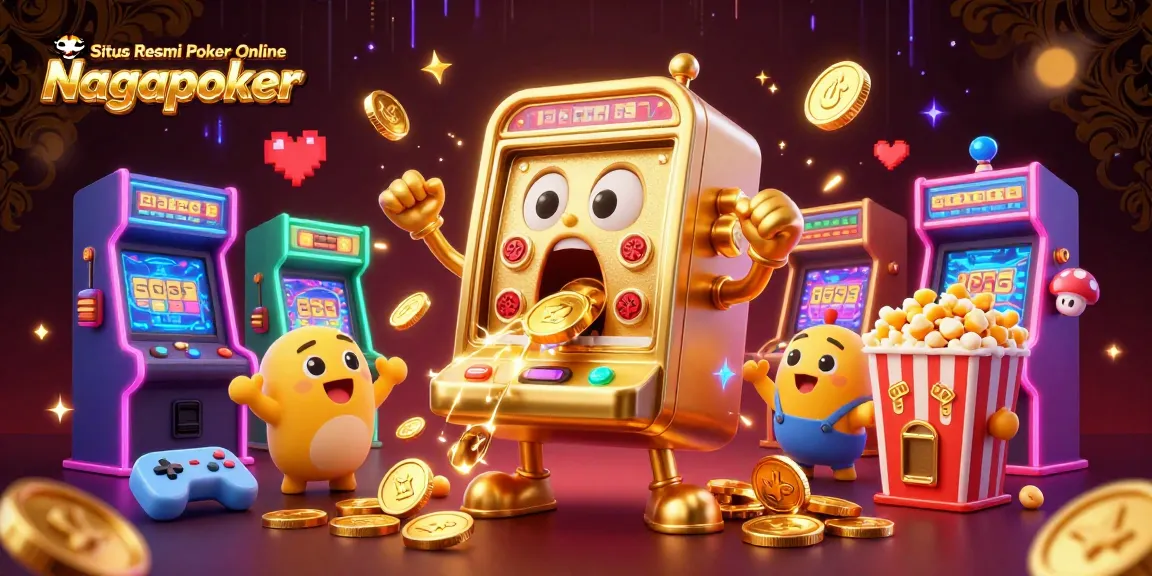 Situs Resmi Poker Online Nagapoker features a jubilant slot machine celebrating a jackpot amidst vibrant gaming elements