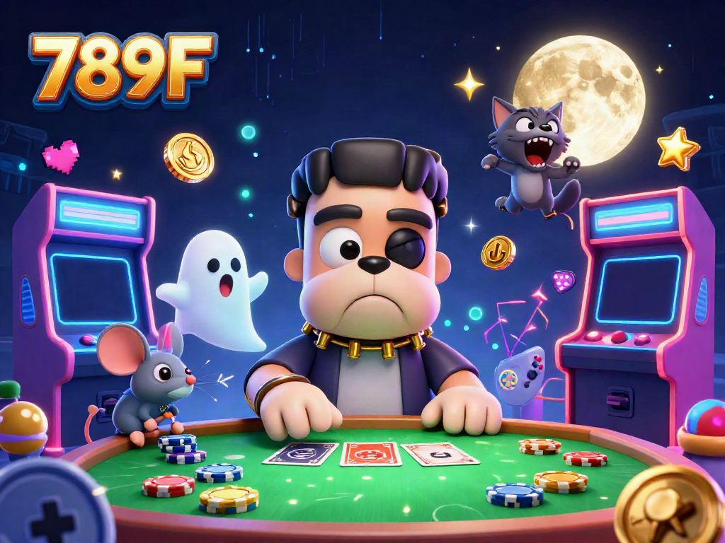 Engage with 789F's spooky casino scene, featuring a Frankenstein bulldog dealing cards surrounded by vibrant game elements.
