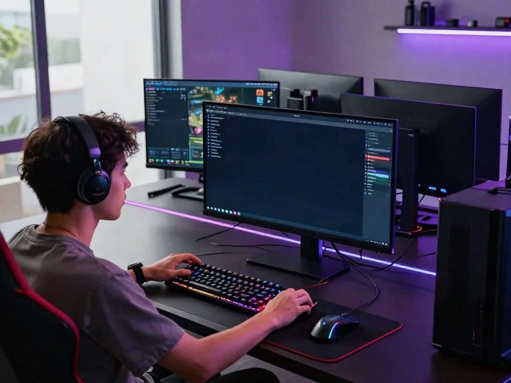 Player engaged in immersive gaming experience on QQMacan platform with high-tech setup.