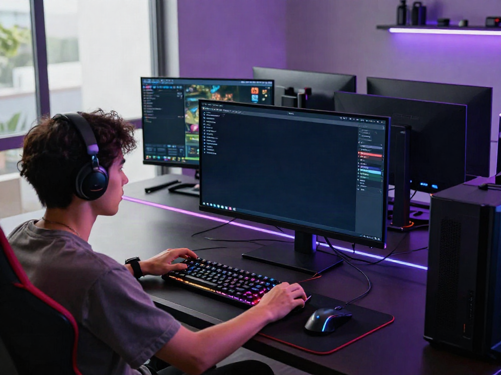 Player engaged in immersive gaming experience on QQMacan platform with high-tech setup.