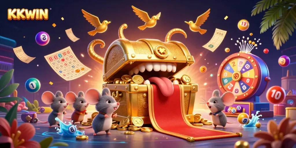 Play and win big with KKWIN in this vibrant, casino-themed 3D illustrated scene.