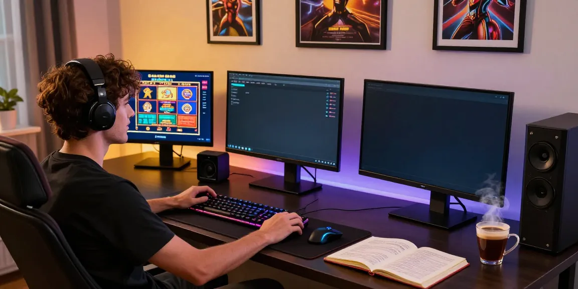 Online gaming enthusiast enjoying akunjp with multiple monitors and ambient lighting