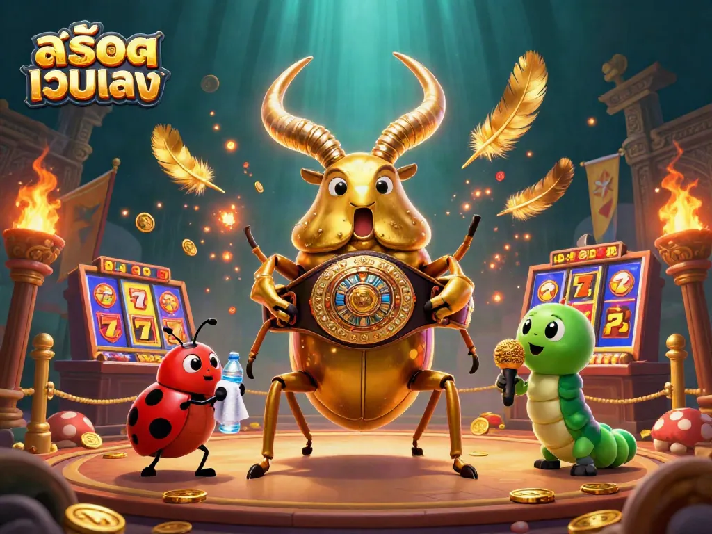 Engage with สล็อตเว็บตรง as a giant stag beetle faces off in a vibrant slot-themed boxing ring.