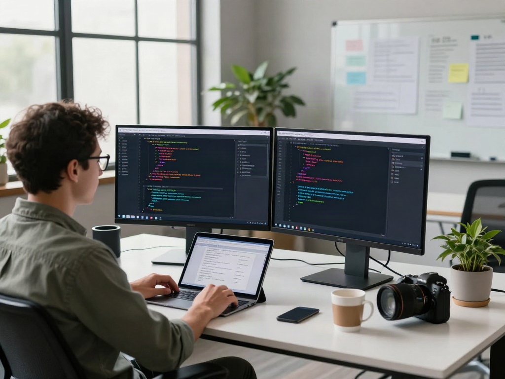 Developer engaged in coding at a dynamic tech workspace with modern gadgets and natural light, highlighting the a80 tech environment.