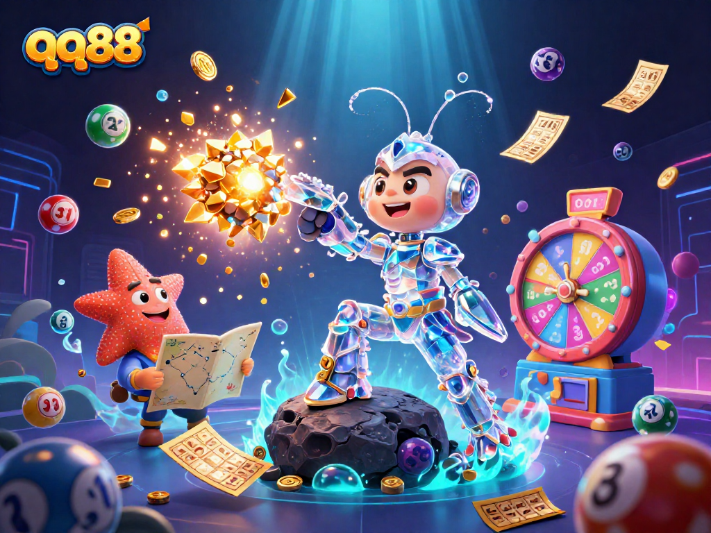 Experience the excitement of qq88 with a dynamic 3D cartoon scene featuring vibrant gaming elements and characters.