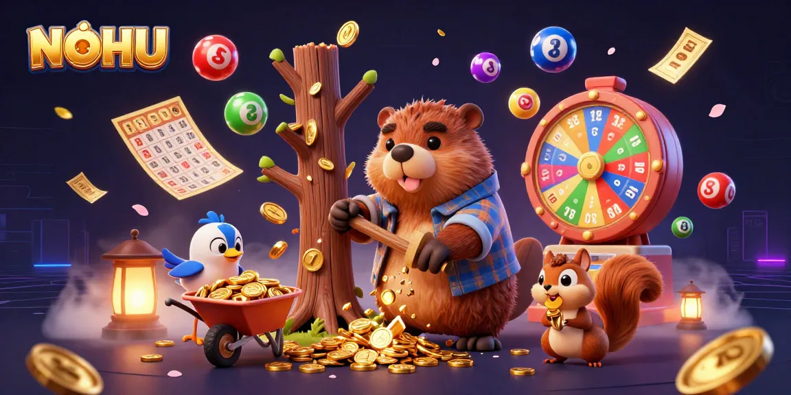 Engage with NOHU's vibrant illustration of a beaver and friends collecting coins in a dynamic casino atmosphere.