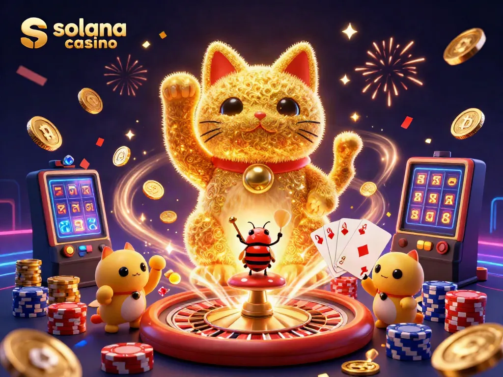 Engage with the dynamic solana casino scene featuring a lucky cat made of fireflies, surrounded by casino symbols.