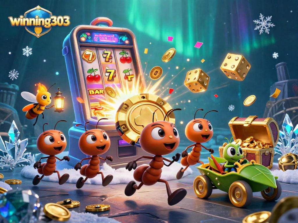 Winning303 highlights an adventurous team of ants heisting a golden poker chip in an animated casino explosion.