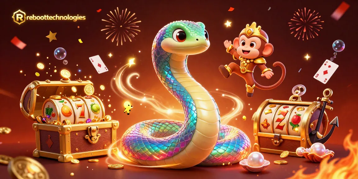 Engage with reboottechnologies in this vibrant 3D casino scene featuring colorful slot symbols and dynamic characters.
