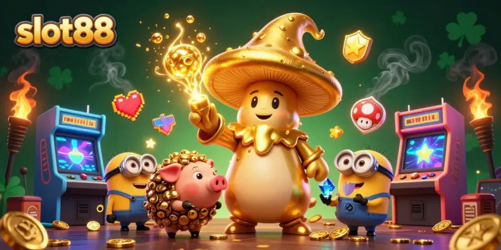 Menangkan jackpot dengan slot88 dalam ilustrasi kasino 3D penuh warna yang menarik.
