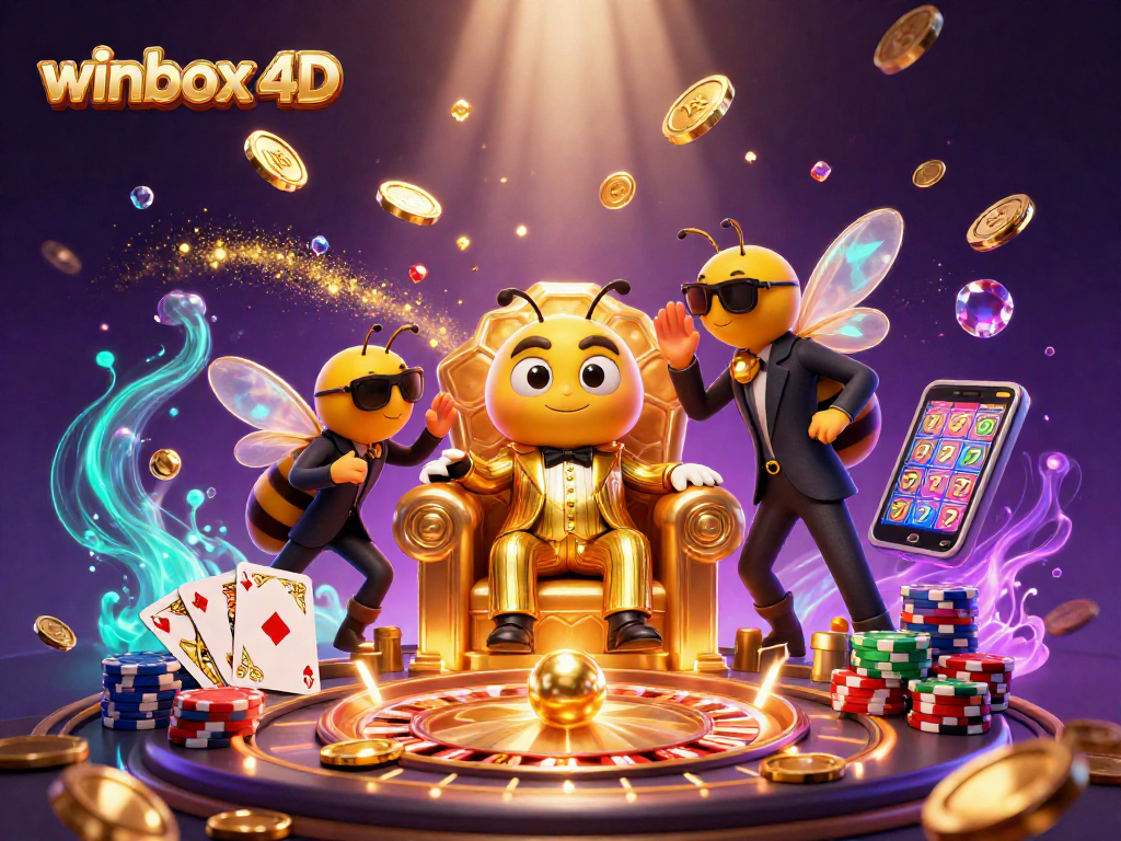 Spin to win with winbox 4d in this dynamic 3D casino-themed illustration.