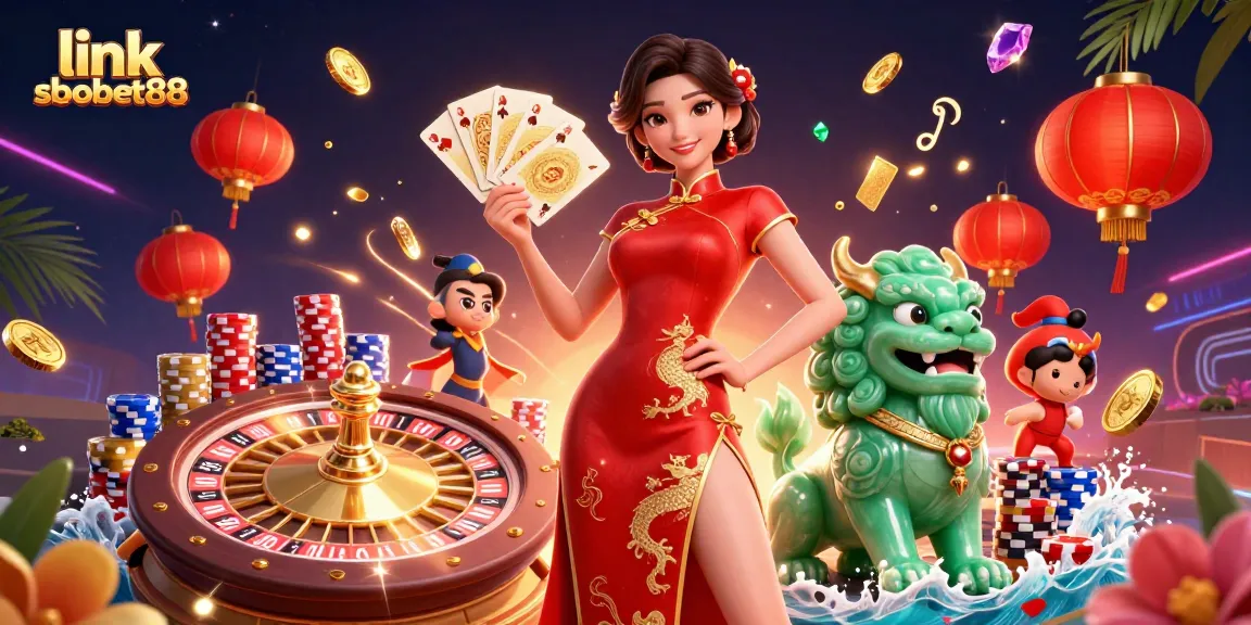 Experience link sbobet88 with an elegant woman presenting golden playing cards surrounded by dynamic casino elements.