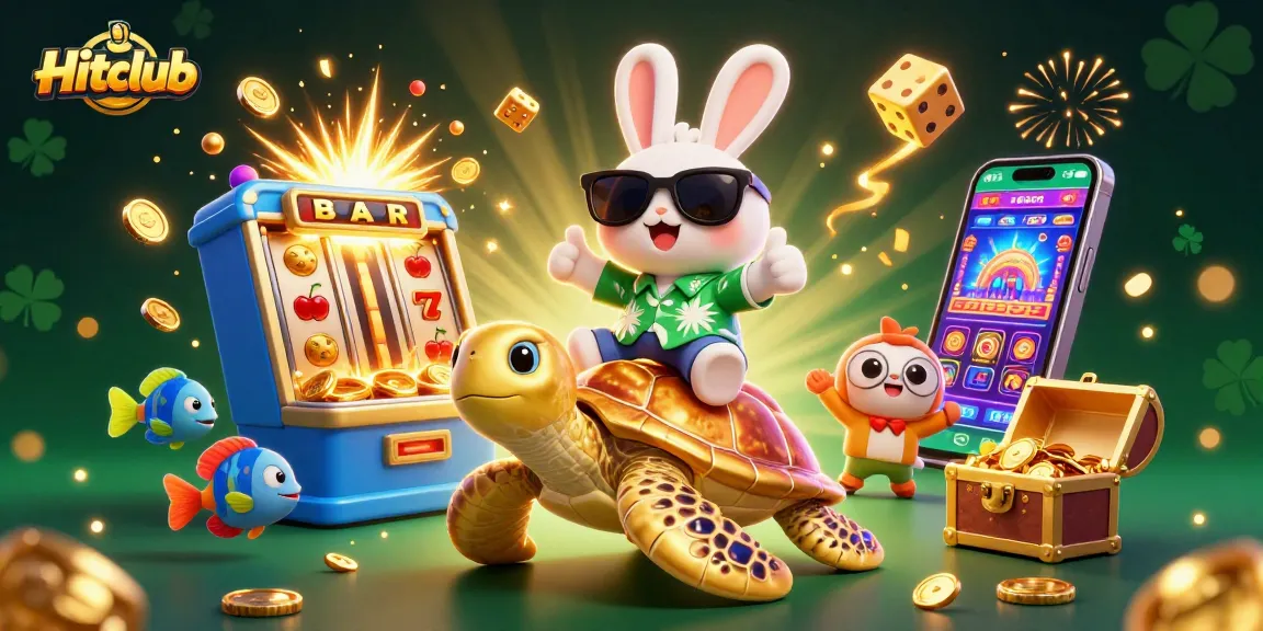 Hitclub showcases thrilling jackpot wins with a lucky rabbit and golden sea turtle amidst vibrant casino games.