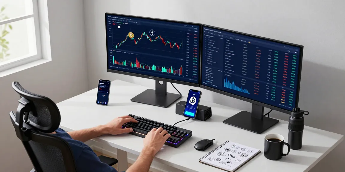 Playexch247 trading workspace with dual monitors displaying crypto exchange data, ensuring secure digital transactions and optimized trading.