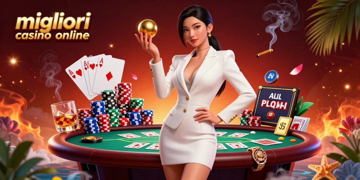 Scopri l'emozione dei migliori casino online con una donna glam in una vivace scena 3D a tema casino.