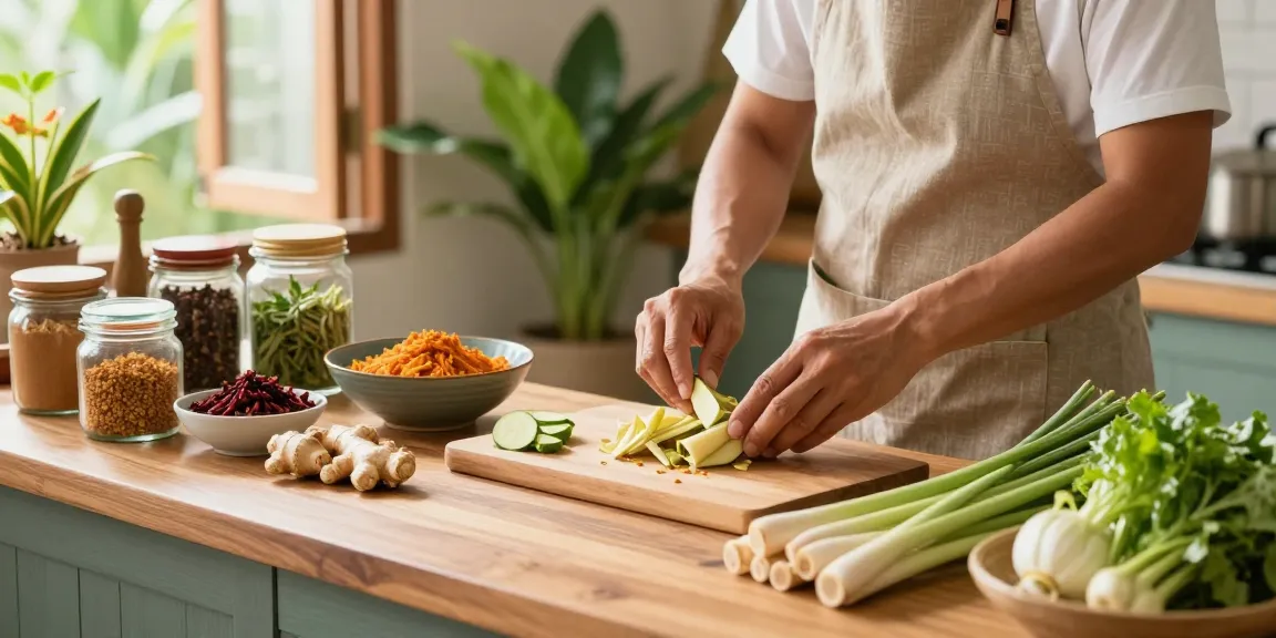 Cooking with fresh ingredients like ginger and lemongrass in modern Thai kitchen, highlighting healthy food choices. Discover สล็อตเว็บตรง benefits through nutrition.