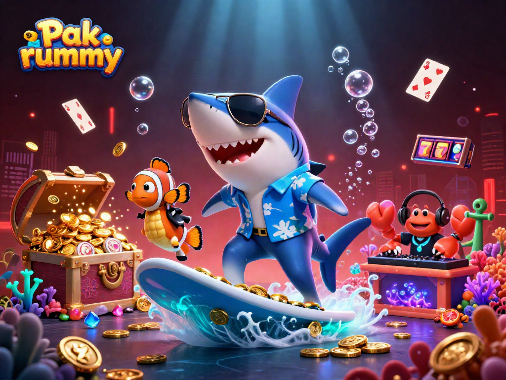 Experience Pak rummy with a fun visual of a surfing shark and vibrant casino elements.
