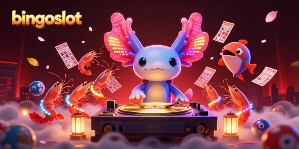 Permainan bingoslot dengan DJ axolotl neon dan karakter ceria di sekeliling bingo.