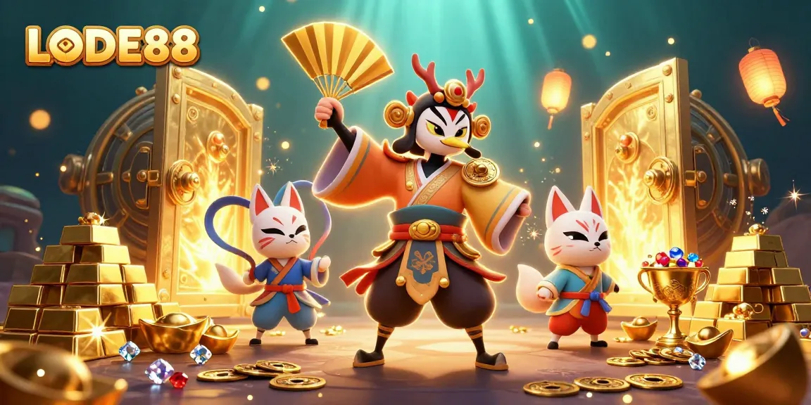 Experience LODE88 with a vibrant, dazzling 3D illustration of kabuki warriors and treasures in a casino.