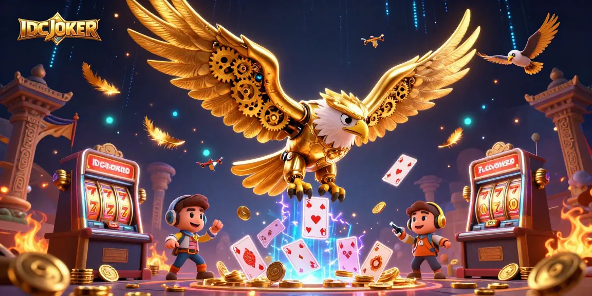 IDCJOKER showcases thrilling gameplay with a golden eagle and holographic cards in an exciting casino scene.