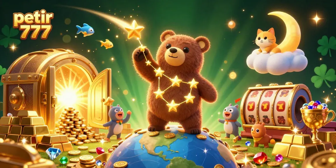 Experience excitement with petir 777 as a constellation bear collects coins amidst vibrant casino elements.