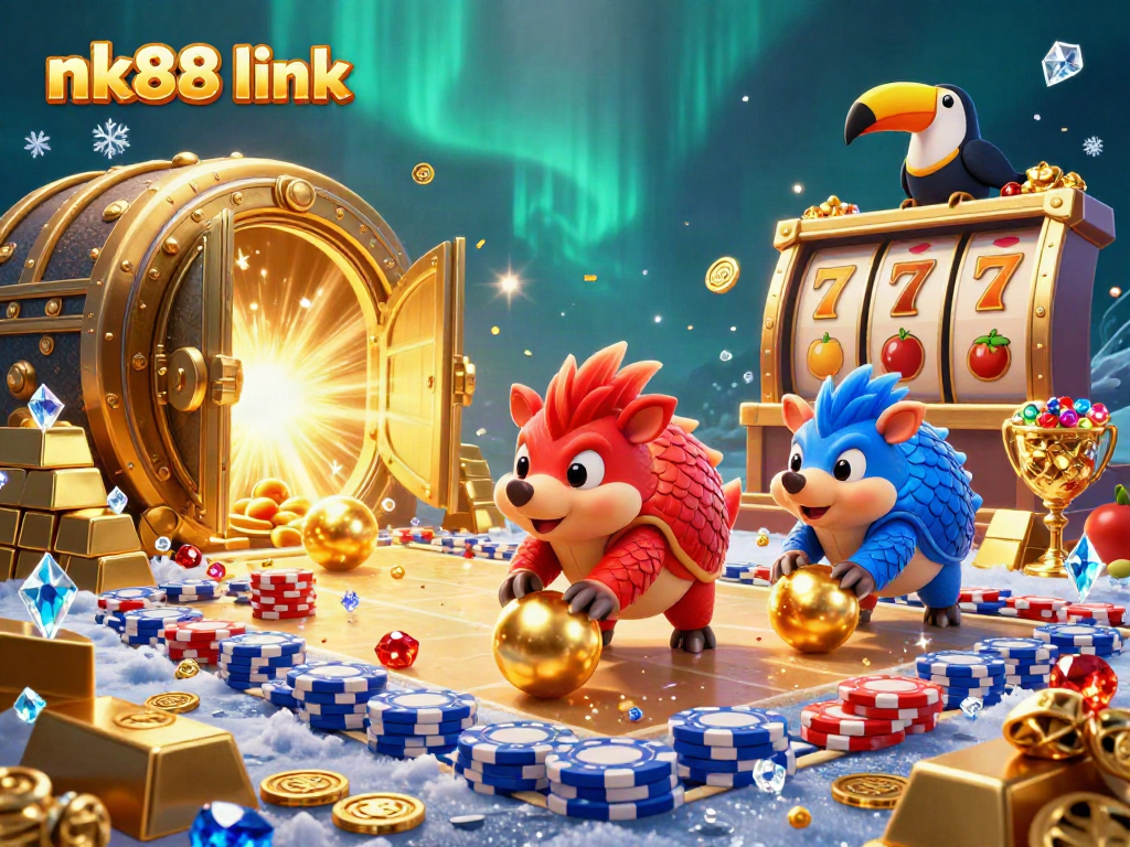 Pangolins compete in a vibrant casino-themed scene featuring nk88 link with dynamic slot elements.