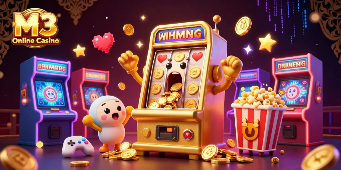 M3 Online Casino showcases a joyful golden slot machine celebrating a jackpot in a vibrant, dynamic casino scene.