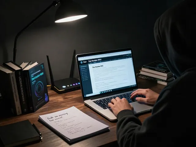 Person exploring the hidden wiki on a laptop, surrounded by cybersecurity materials.