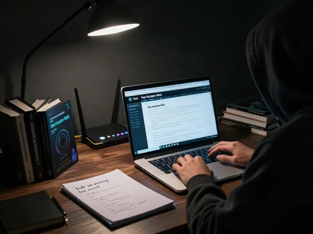 Person exploring the hidden wiki on a laptop, surrounded by cybersecurity materials.