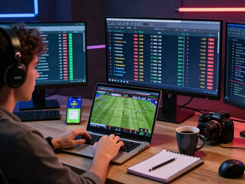 Melakukan login 7meter dengan laptop di ruang taruhan modern dengan suasana yang dinamis.