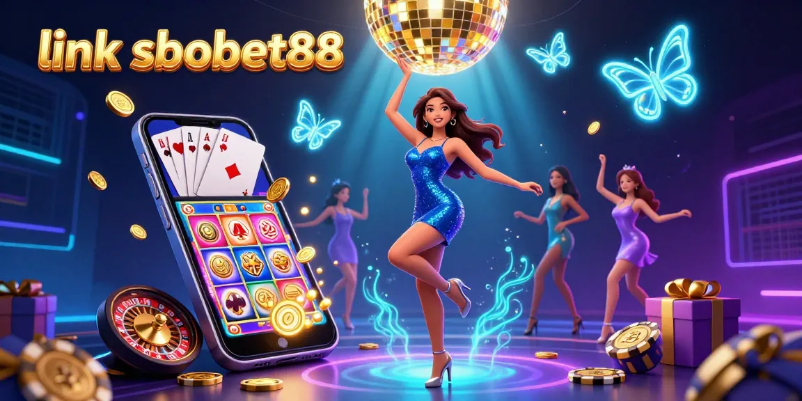 The vibrant scene showcases link sbobet88, featuring a glamorous woman in a sequined dress dancing amid neon elements, dynamically engaging with casino games.