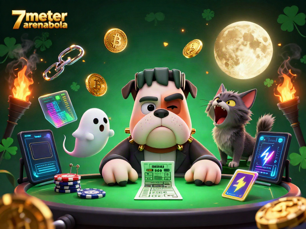 Experience thrilling betting with 7meter arenabola at a spooky table filled with chips and crypto elements.