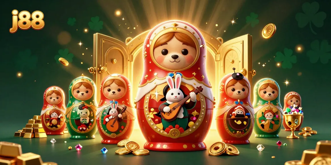 Engage with j88's exciting world through a vibrant 3D casino illustration packed with dynamic characters and gold treasures.