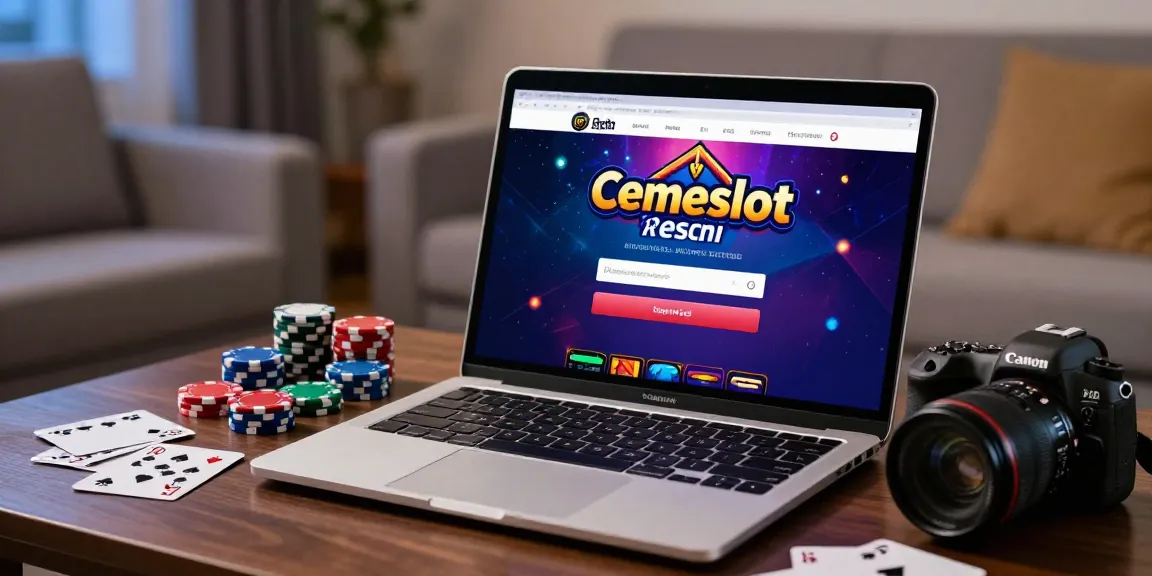 Login Cemeslot Resmi interface on laptop, showcasing easy navigation for online slot gaming.
