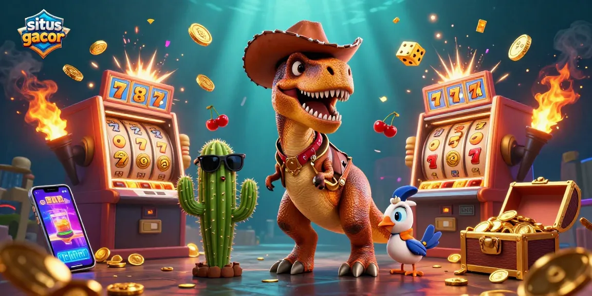 Situs gacor showcases a vibrant 3D illustration depicting a T-Rex cowboy with a slot machine explosion, embodying casino excitement.
