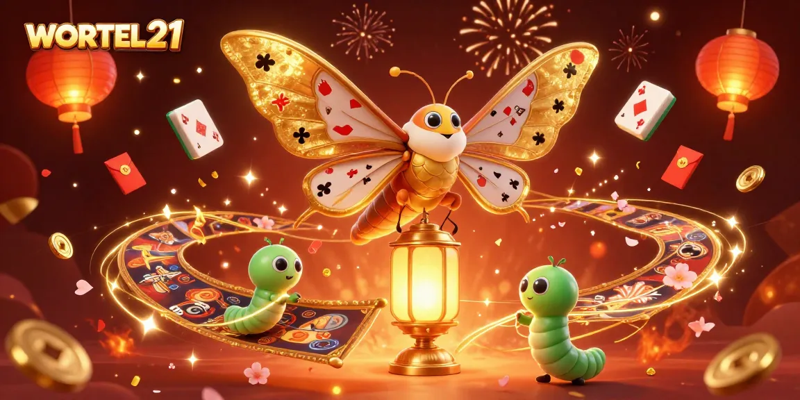 Spin the reels at WORTEL21, featuring vibrant characters celebrating casino wins amid festive decorations.