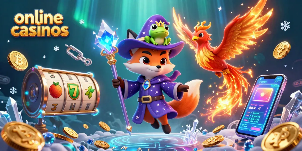 Engage with online casinos through a vibrant 3D illustration featuring magical elements and slot game symbols.