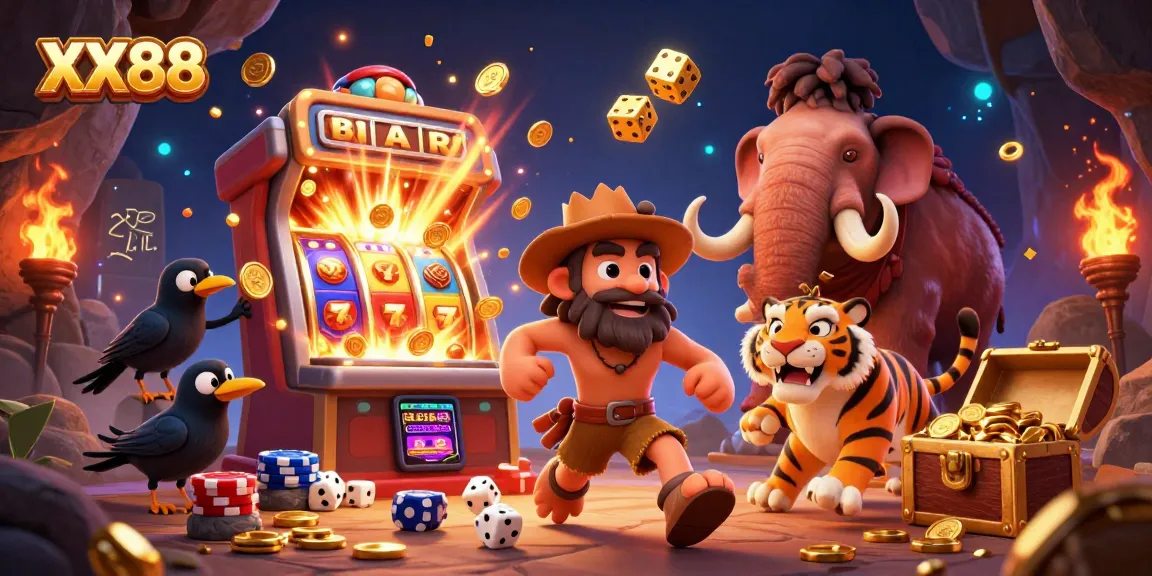 Experience the thrills of XX88 at a dynamic prehistoric casino with cartoon characters and vibrant game elements