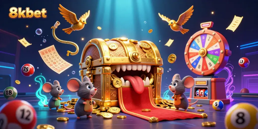 Experience the thrilling excitement of 8xbet with engaging lottery and gaming visuals in this vibrant digital illustration.