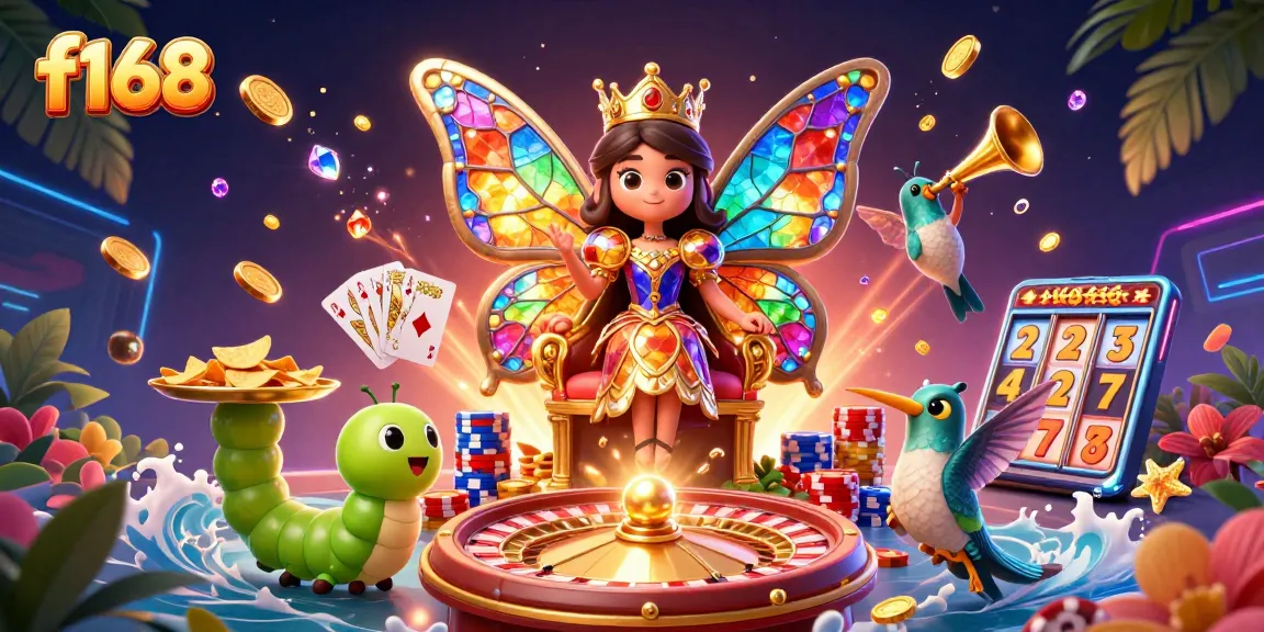 Experience vibrant 3D casino art featuring the f168 butterfly queen adorned with gems amidst dazzling gold.